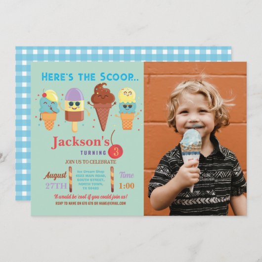 Ice Cream Scoop Shop Boys Cool Lolly Invitation Kaart (Voorkant / Achterkant)