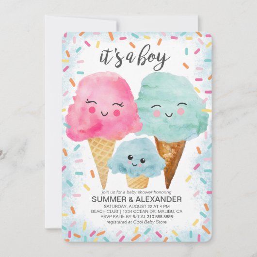 Ice Cream Scoop Sprinkle Summer Boy Baby shower Kaart (Voorkant)