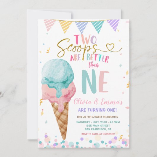 Ice Cream Scoop Twin Meisjes Verjaardagsfeest Kaart (Voorkant)