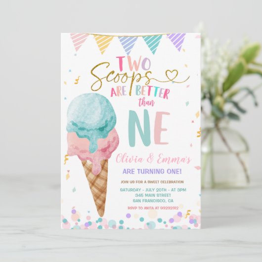 Ice Cream Scoop Twin Meisjes Verjaardagsfeest Kaart (Staand voorkant)