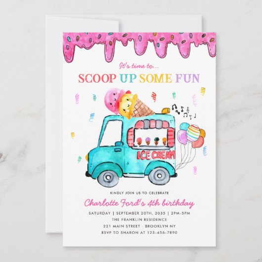 Ice Cream Scoop Up Fun Truck Zomer Kinderen Verjaa Kaart (Voorkant)