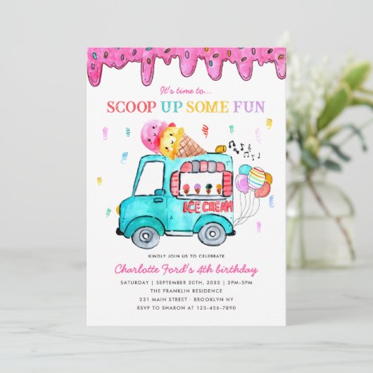 Ice Cream Scoop Up Fun Truck Zomer Kinderen Verjaa Kaart (Staand voorkant)
