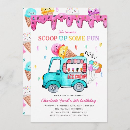 Ice Cream Scoop Up Fun Truck Zomer Kinderen Verjaa Kaart (Voorkant / Achterkant)