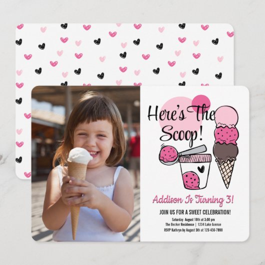 Ice Cream Scoop Verjaardagsfeest Foto uitnodiging (Voorkant / Achterkant)