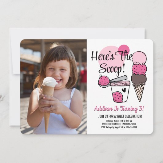 Ice Cream Scoop Verjaardagsfeest Foto uitnodiging (Voorkant)