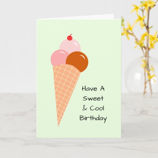 Ice Cream Scoops Cone Cherry Sweet Summer Birthday Kaart (Gele Bloem)