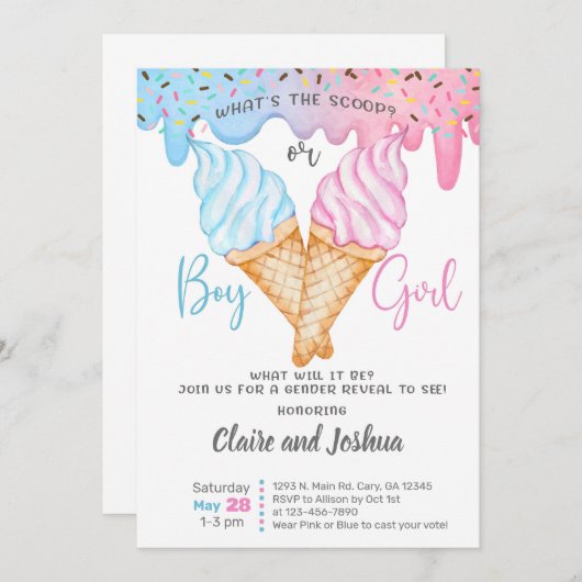 Ice Cream Scoops Gender Reveal invitation. Kaart (Voorkant / Achterkant)