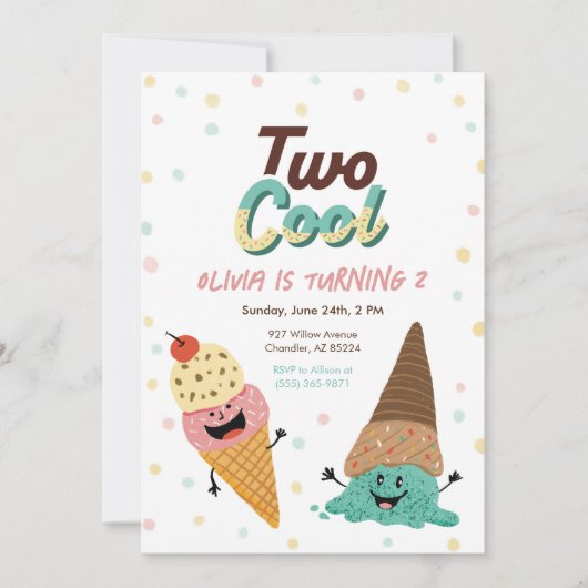Ice Cream Scoops Kinder 2e Verjaardagsfeestje Invi Kaart (Voorkant)