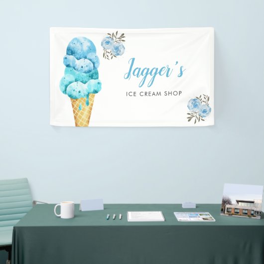 Ice Cream Shop Blauw Bloemen Verjaardagsfeest Spandoek (Beurs)