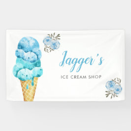 Ice Cream Shop Blauw Bloemen Verjaardagsfeest Spandoek