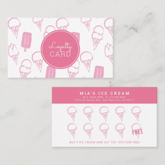 Ice Cream Shop Hand Painted Pink Loyalty Kaart Visitekaartje (Voorkant / Achterkant)