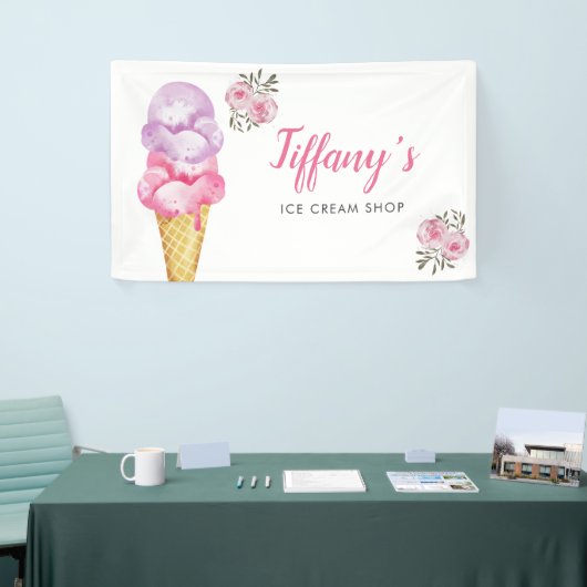 Ice Cream Shop Roze Bloemen Verjaardagsfeest Spandoek (Beurs)