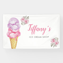 Ice Cream Shop Roze Bloemen Verjaardagsfeest Spandoek