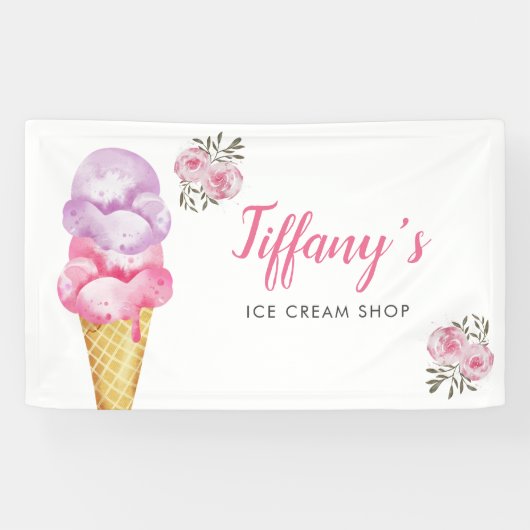 Ice Cream Shop Roze Bloemen Verjaardagsfeest Spandoek (Horizontaal)