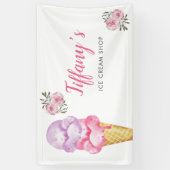 Ice Cream Shop Roze Bloemen Verjaardagsfeest Spandoek (Verticaal)