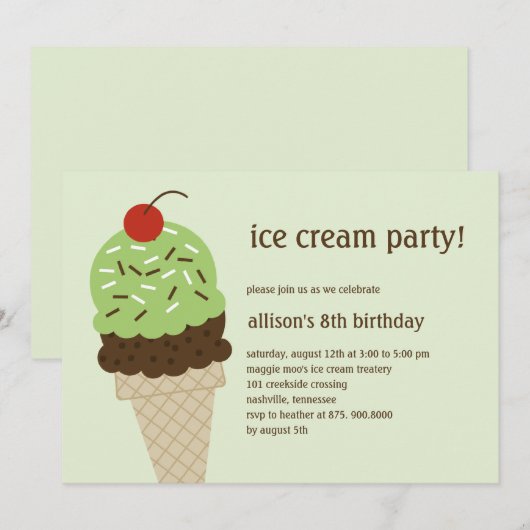 Ice Cream Shoppe Birthday Invitation - Green Kaart (Voorkant / Achterkant)