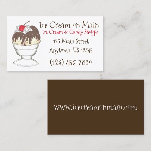 Ice Cream Shoppe Hot Fudge Sundae Dessert Cherry Visitekaartje (Voorkant / Achterkant)