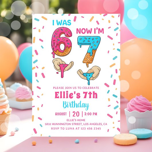 Ice Cream Six Seven Girl Birthday Invitation Kaart