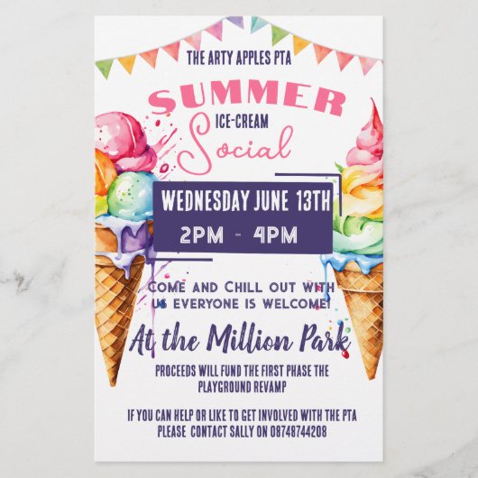 Ice-cream sociaal evenement roze & marine PTA PTO Flyer (Voorkant)