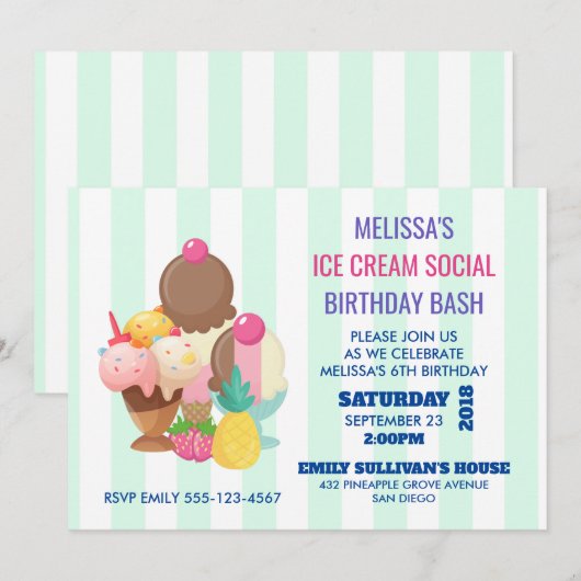 Ice Cream Sociaal Verjaardagsfeest Uitnodigen Kaart (Voorkant / Achterkant)