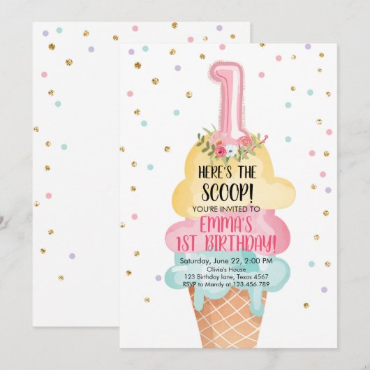 Ice Cream Social Hier is de Scoop Eerste Verjaarda Kaart (Voorkant / Achterkant)