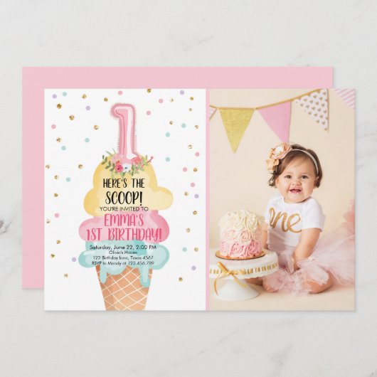 Ice Cream Social Hier is de Scoop Eerste Verjaarda Kaart (Voorkant / Achterkant)