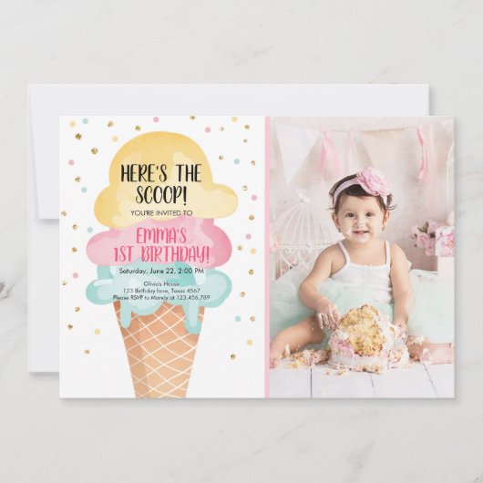 Ice Cream Social Hier is de Scoop Roze Confetti Kaart (Voorkant)