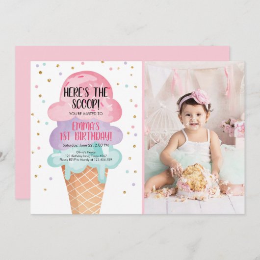 Ice Cream Social Hier is de Scoop Roze Confetti Kaart (Voorkant / Achterkant)