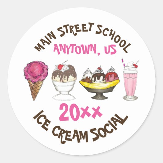 Ice Cream Social Maak je eigen Sundae Party Ronde Sticker (Voorkant)