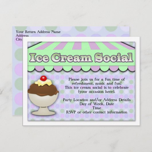 Ice Cream Social, Paars/Green Stripe Sundae Uitnodiging Briefkaart (Voorkant / Achterkant)