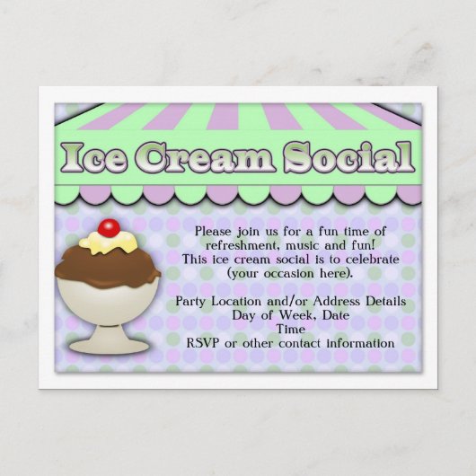 Ice Cream Social, Paars/Green Stripe Sundae Uitnodiging Briefkaart (Voorkant)