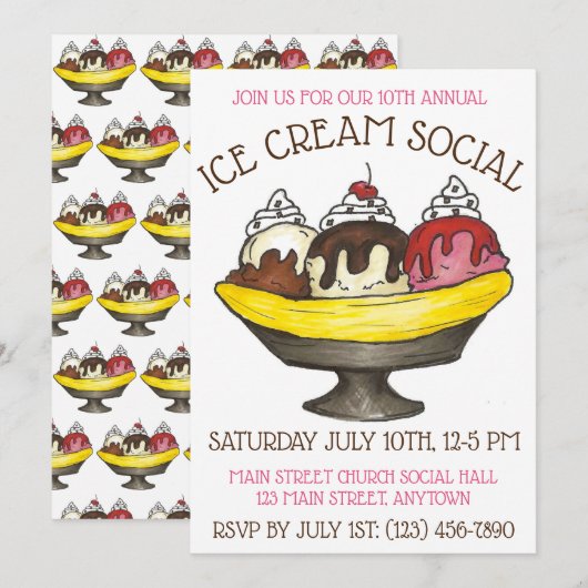 Ice Cream Social Party Dessert Banana Split Sundae Kaart (Voorkant / Achterkant)