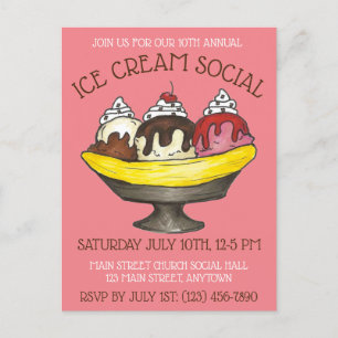 Ice Cream Social Party Dessert Banana Split Sundae Uitnodiging Briefkaart