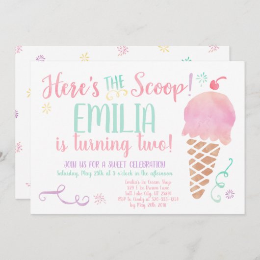 Ice Cream Social Waterverf Verjaardagsuitnodiging Kaart (Voorkant / Achterkant)