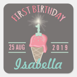 Ice Cream Sparkler 1e Verjaardagsfeestgeschenk Lab Vierkante Sticker