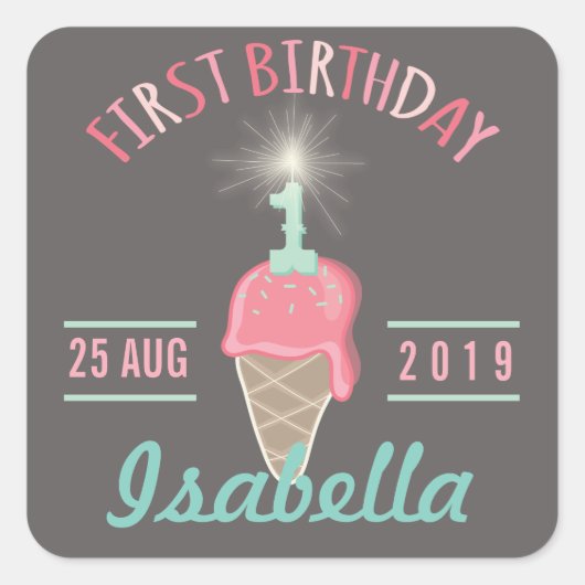 Ice Cream Sparkler 1e Verjaardagsfeestgeschenk Lab Vierkante Sticker (Voorkant)