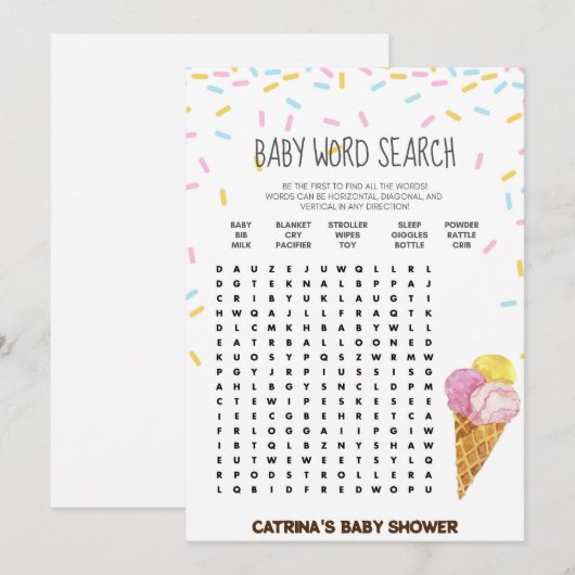 Ice Cream Sprinkle Baby shower - bewerkbare naam, Kaart (Voorkant / Achterkant)