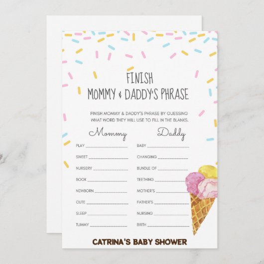 Ice Cream Sprinkle Baby shower - bewerkbare naam,  Kaart (Voorkant / Achterkant)