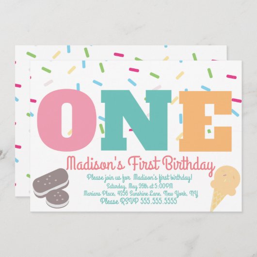 Ice Cream Sprinkles pasteel Girls Birthday Party Kaart (Voorkant / Achterkant)