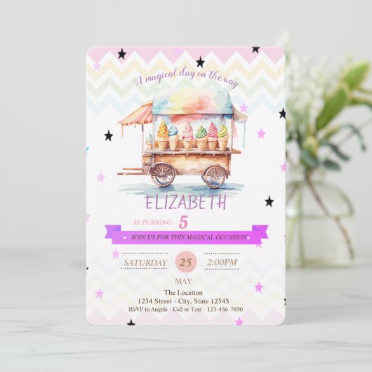 Ice Cream Stars Zigzag Verjaardag Uitnodiging (Staand voorkant)