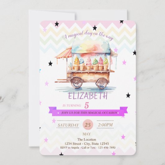 Ice Cream Stars Zigzag Verjaardag Uitnodiging (Voorkant)