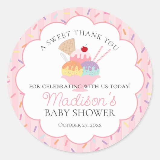 Ice Cream Sundae Bestrooid Met Liefde Baby shower Ronde Sticker (Voorkant)