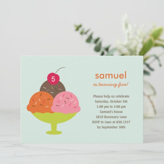 Ice Cream Sundae Birthday Party Invitation (blauw) Kaart (Staand voorkant)