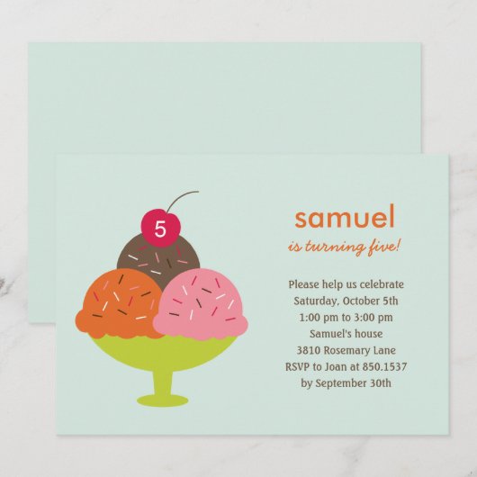 Ice Cream Sundae Birthday Party Invitation (blauw) Kaart (Voorkant / Achterkant)