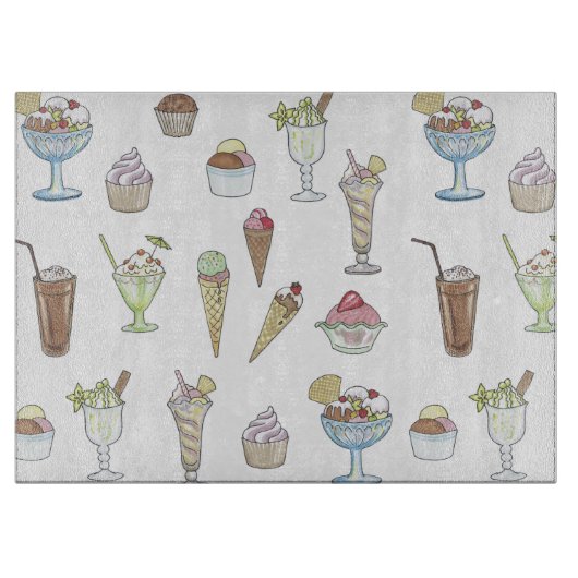 Ice Cream Sundae Desserts Pattern White Snijplank (Voorkant)