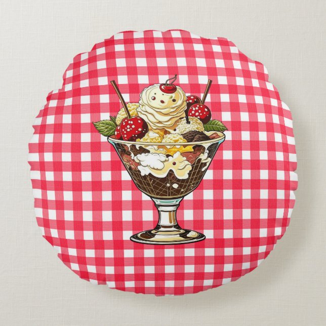 Ice Cream Sundae en Shake Red Checkered Rond Kussen (Voorkant)