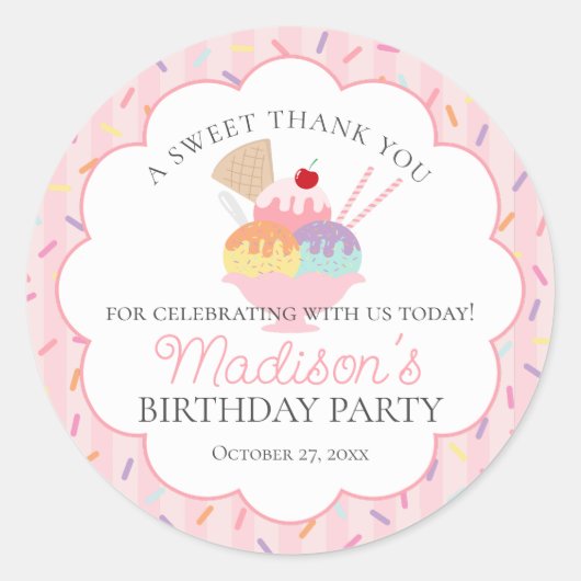 Ice Cream Sundae Heres the Scoop Sweet Birthday Ronde Sticker (Voorkant)