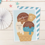 Ice Cream Sundae Kids Birthday Party Kaart<br><div class="desc">Kut uit met deze schattige ijsjes,  de feestuitnodigingen voor je verjaardagsfeestje. Het vun zomerontwerp in een zacht gedempt kleurenpalet is voorzien van chocolade,  vanille en blauwe ijsjes in een wafelkegel die is voorzien van chocoladestroop en sproinkles. Pas de details van je partij aan die op de ijsje staan.</div>