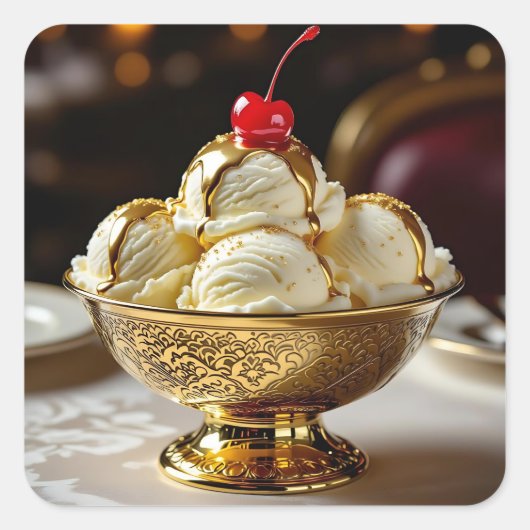 Ice Cream Sundae met gouden siroop Blank Vierkante Sticker (Voorkant)