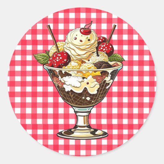 Ice Cream Sundae met Kersen Rood Geruit Ronde Sticker (Voorkant)